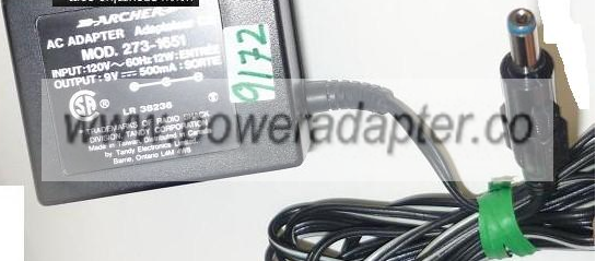 ARCHER 273-1651 AC ADAPTER 9VDC 500mA USED +(-) 2x5x12mm ROUND B - Click Image to Close